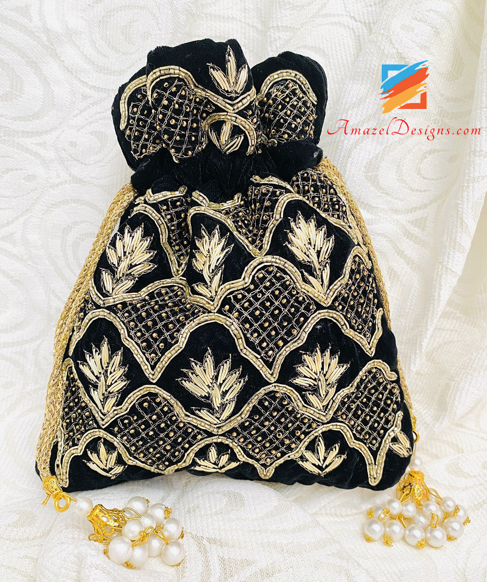 Black Potli Dabka Dull Gold Tiny Beads Work