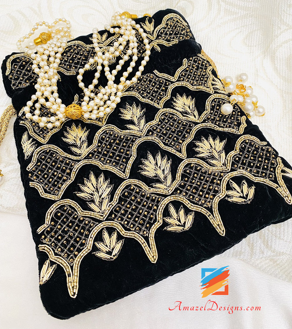 Black Potli Dabka Dull Gold Tiny Beads Work