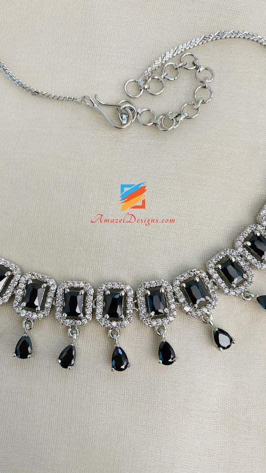 Black Silver American Diamond Single Line Necklace