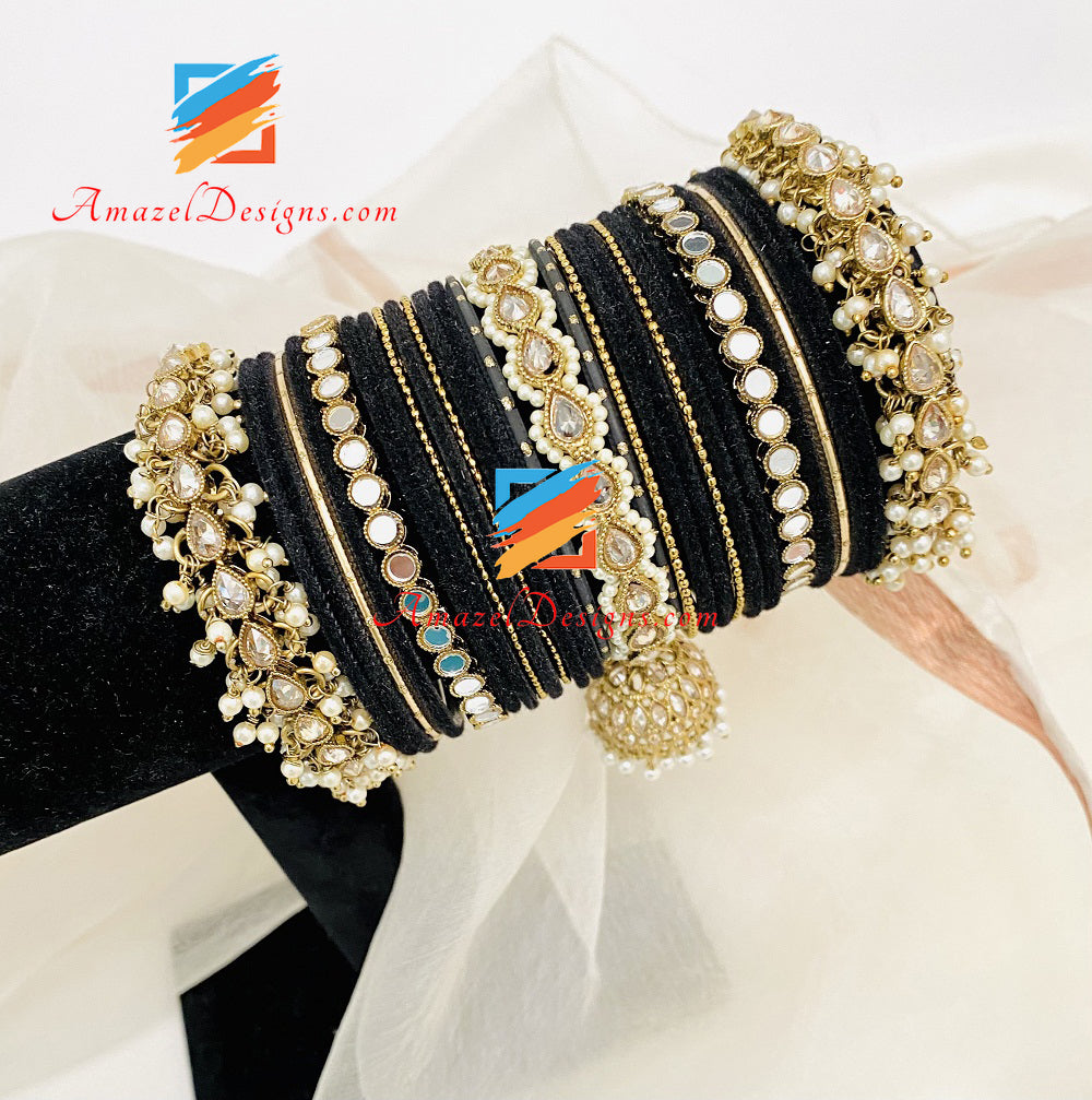 Set di braccialetti Jhumki Polki in velluto nero Sheesha perlato