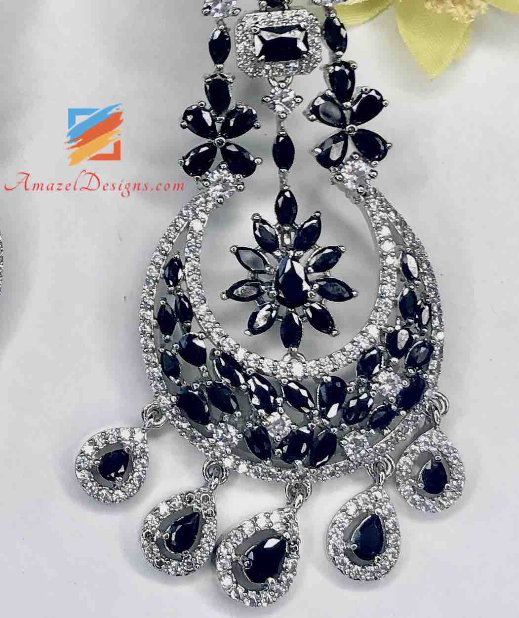 Black and Silver American Diamond (AD) Earrings