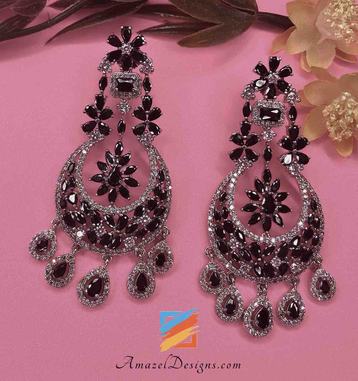 Black and Silver American Diamond (AD) Earrings