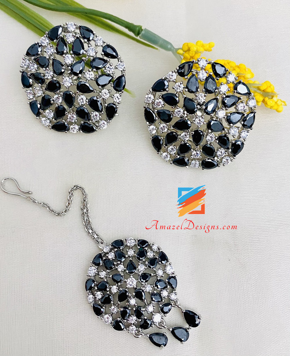 Black and Silver AD (American Diamond) Necklace Studs Earrings Tikka Set