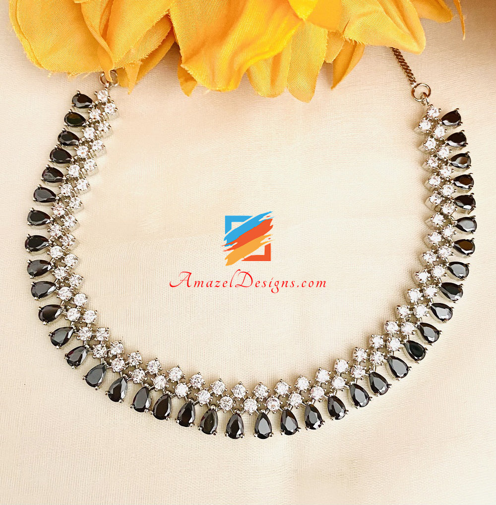 Black and Silver AD (American Diamond) Necklace Studs Earrings Tikka Set