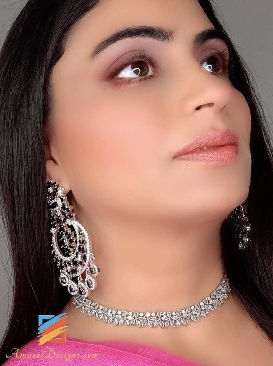 Black and Silver American Diamond (AD) Earrings