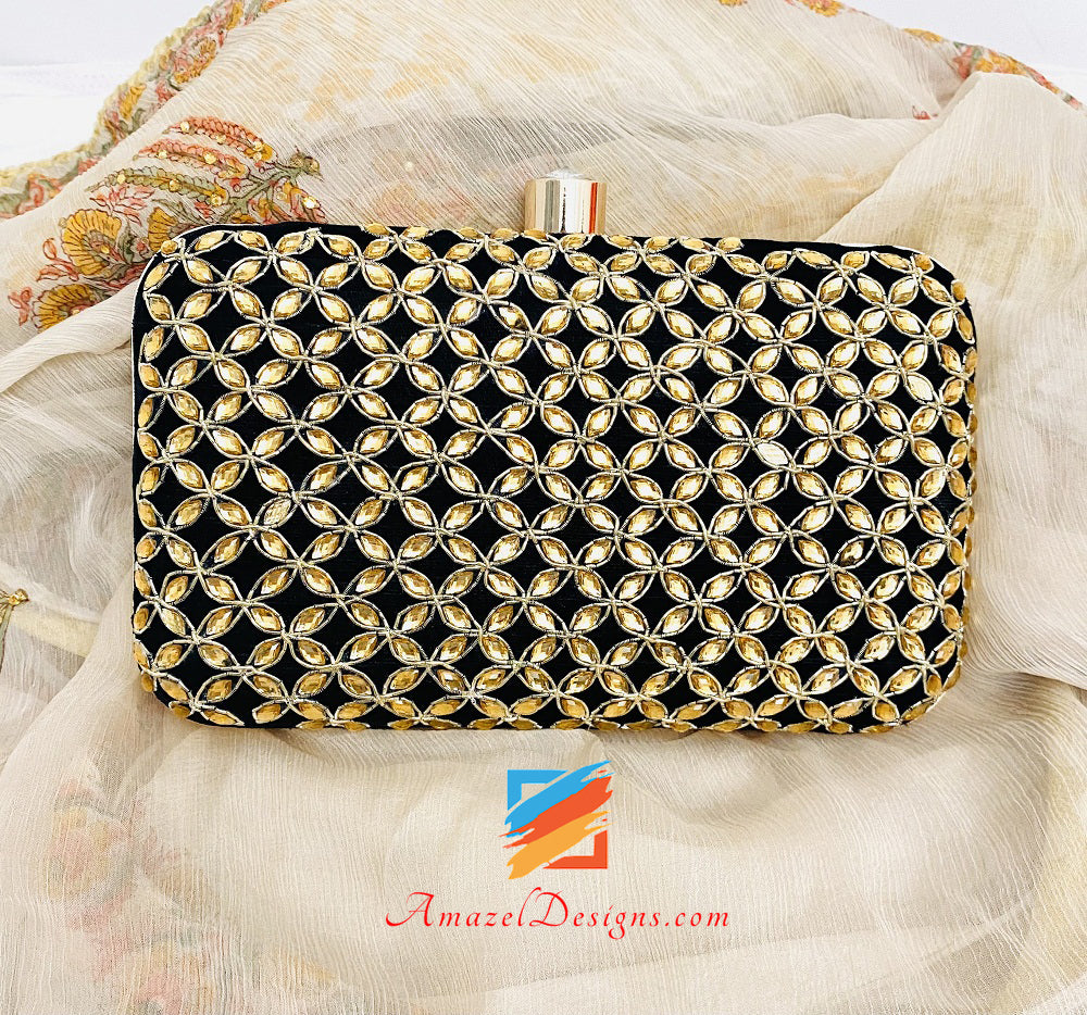 Black Both Side Kundan Work Clutch