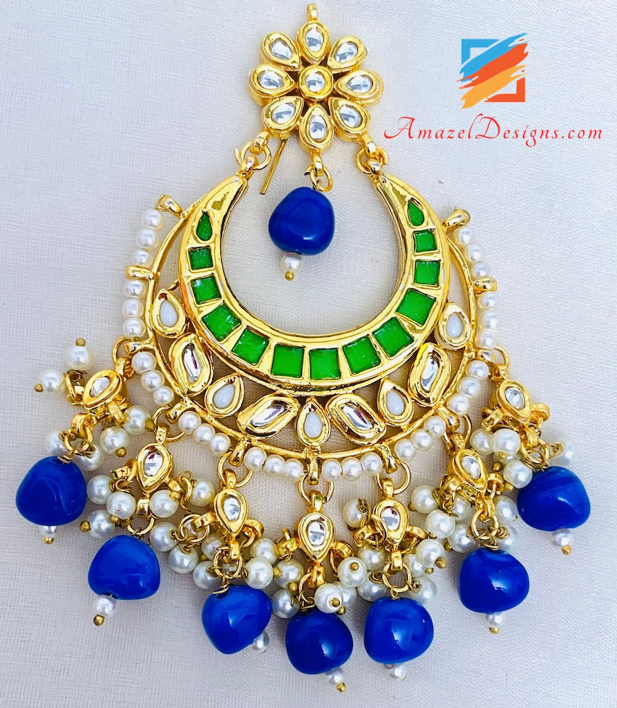 Blue Kundan Earrings Oversized Tikka Set
