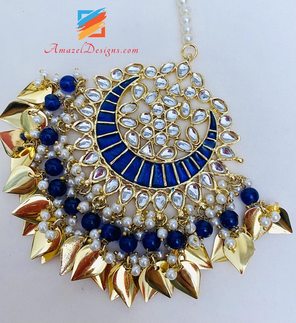 Blue Kundan Pippal Patti Jhumka Oversized Tikka Set