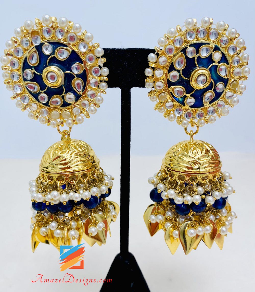 Blue Kundan Pippal Patti Jhumka Oversized Tikka Set