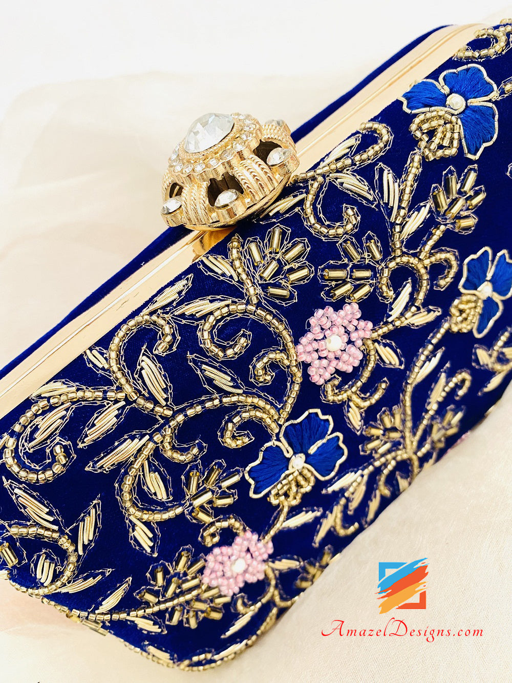 Blue Moti Dabka Touch Of Pink Work Swarovski Clasp