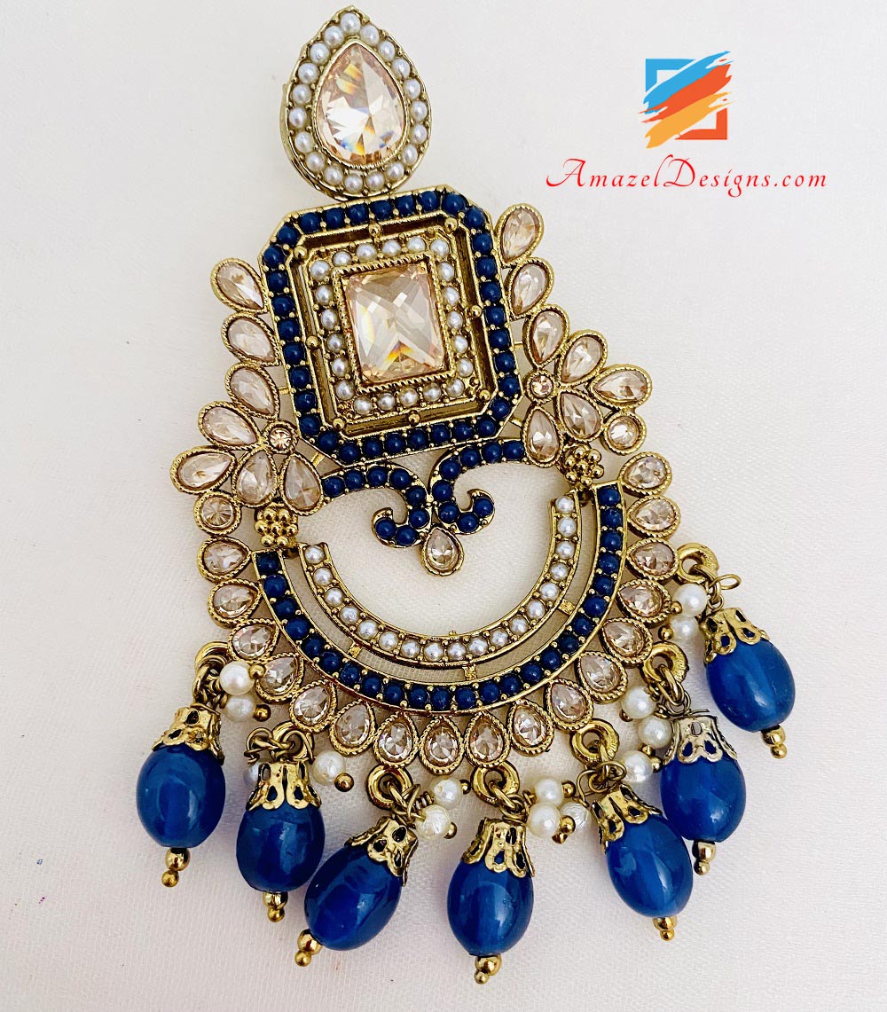 Blue Polki Earrings Tikka Set