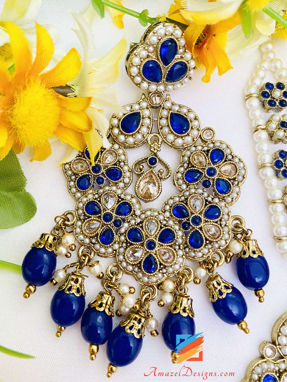 Blue Polki Earrings Tikka Set