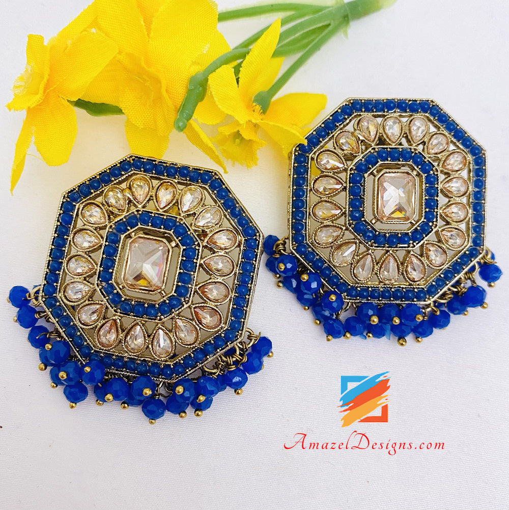 Blue Polki Lightweight Studs Earrings Tikka Set