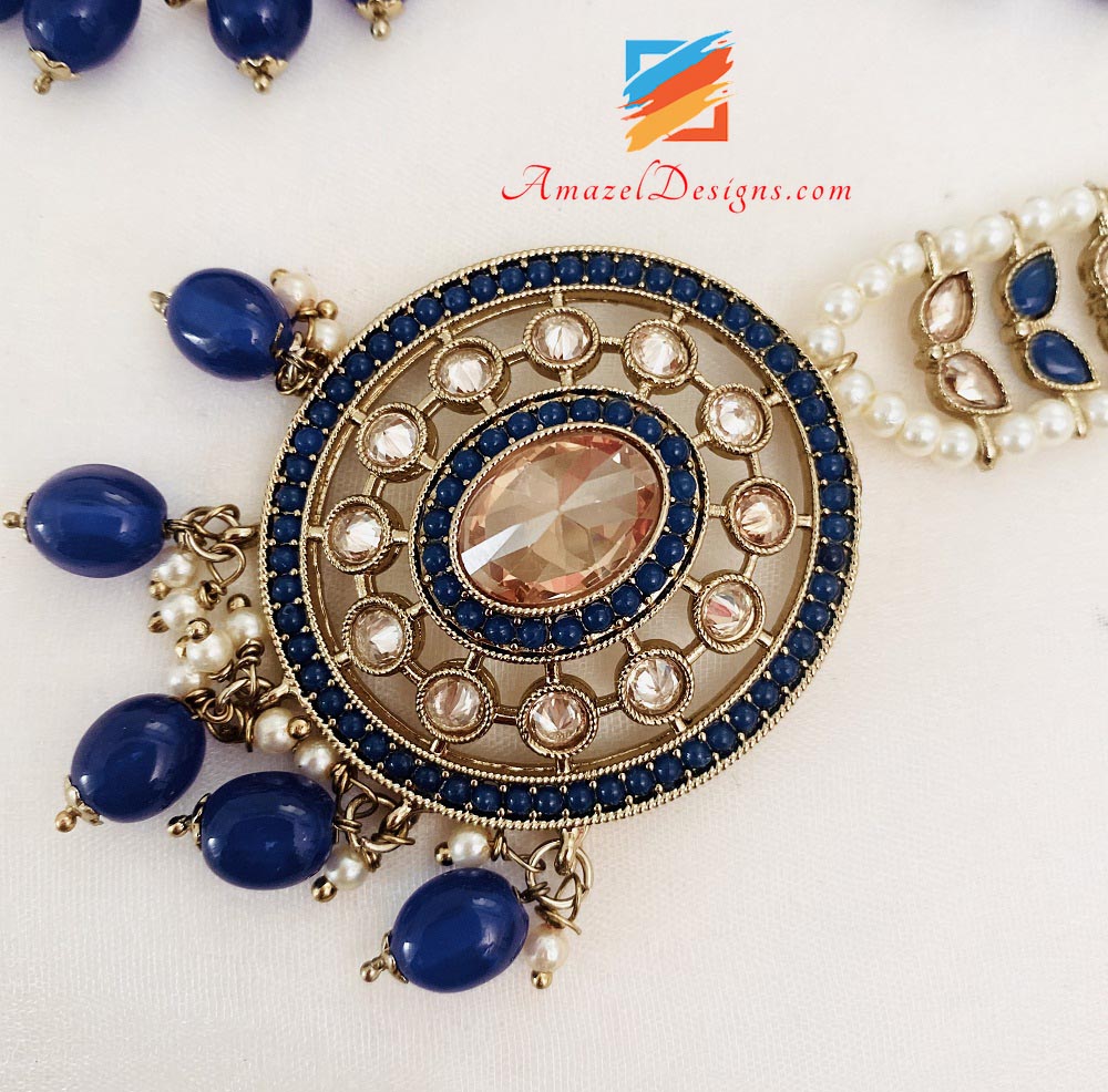 Blue Polki Oversized Earrings Tikka Set