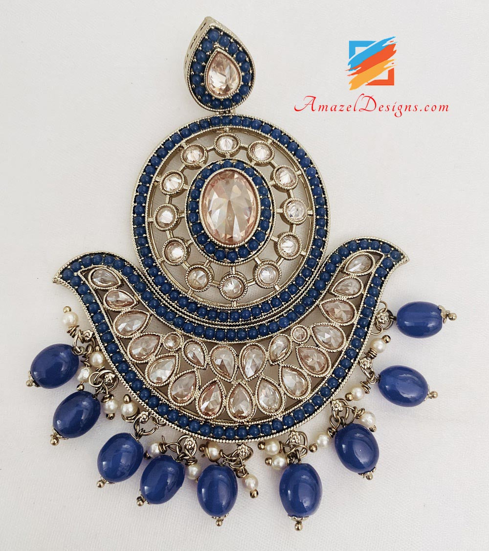 Blue Polki Oversized Earrings Tikka Set
