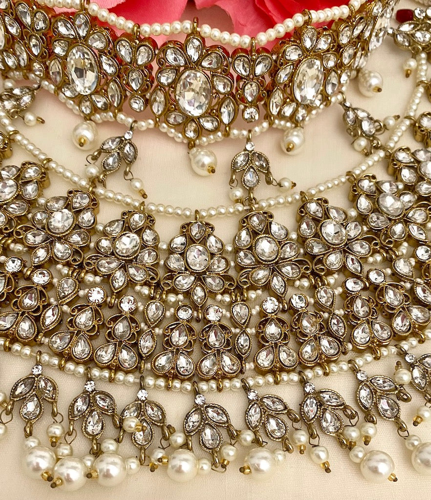 Collana Polki trasparente di alta qualità da sposa con girocollo, Jhoomkis, Tikka e Jhoomer