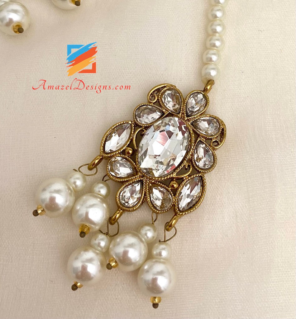 Collana Polki trasparente di alta qualità da sposa con girocollo, Jhoomkis, Tikka e Jhoomer