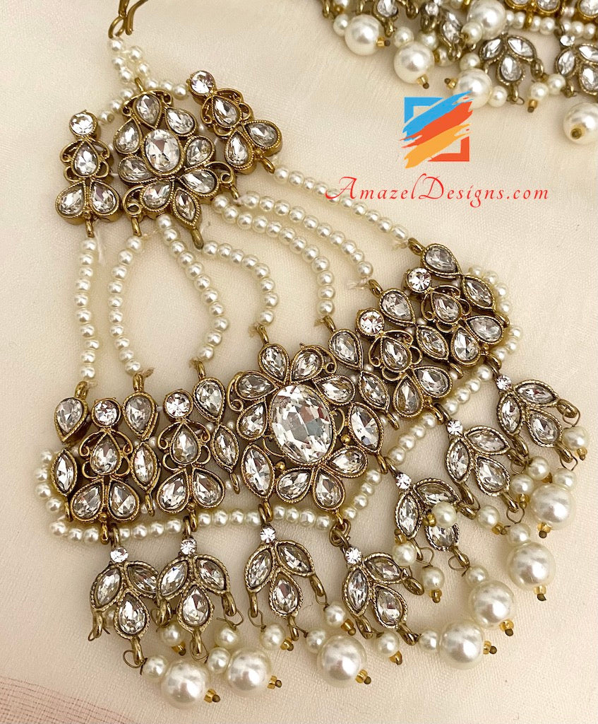 Collana Polki trasparente di alta qualità da sposa con girocollo, Jhoomkis, Tikka e Jhoomer