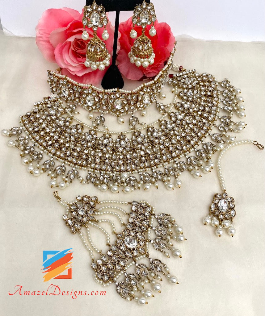 Collana Polki trasparente di alta qualità da sposa con girocollo, Jhoomkis, Tikka e Jhoomer