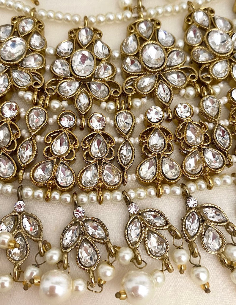 Collana Polki trasparente di alta qualità da sposa con girocollo, Jhoomkis, Tikka e Jhoomer