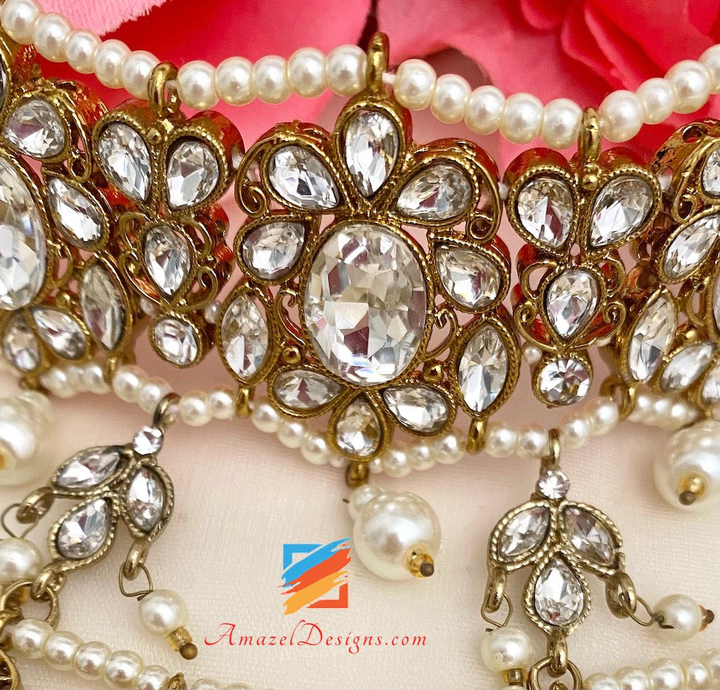 Collana Polki trasparente di alta qualità da sposa con girocollo, Jhoomkis, Tikka e Jhoomer