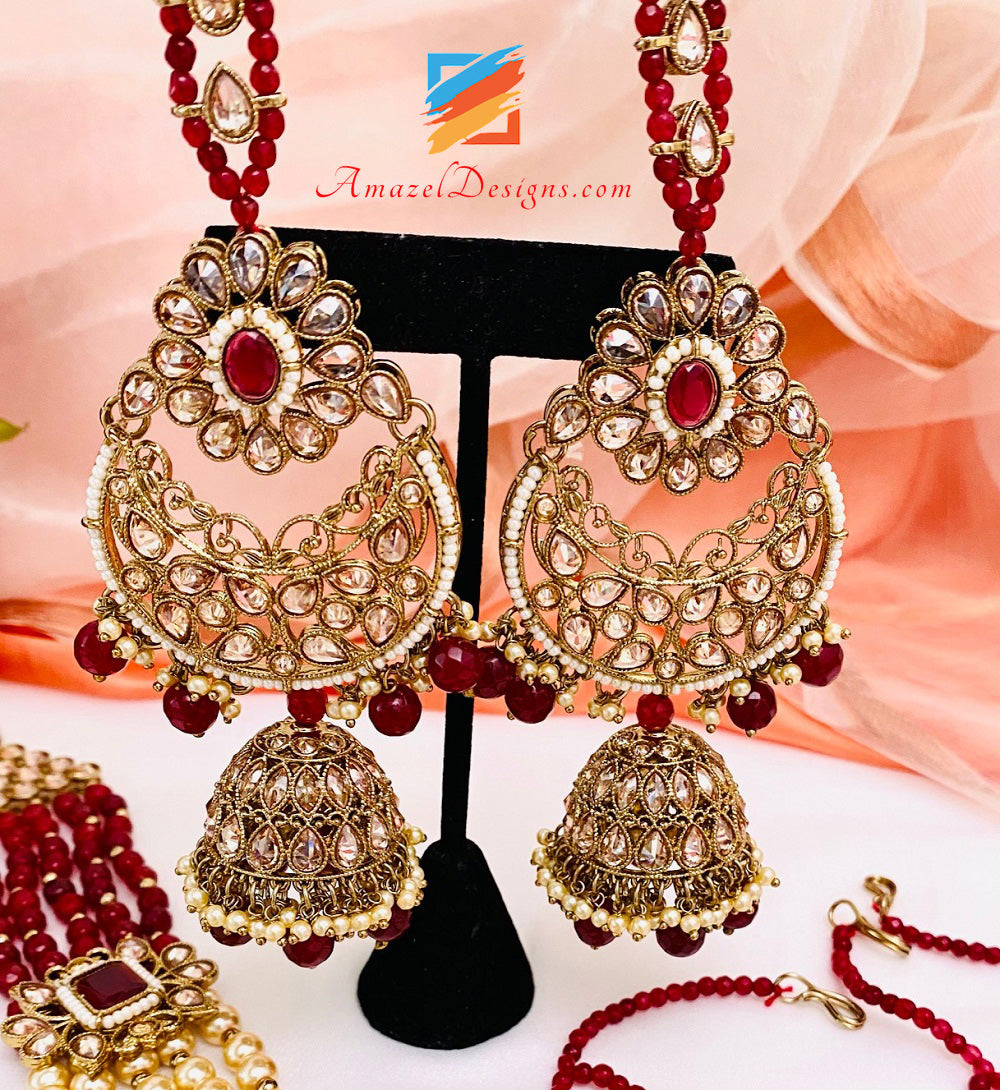Polki Bridal Maroon Necklace Long Mala - Rani Haar Nath Head Piece - Matha Patti Hand Piece Jhumer