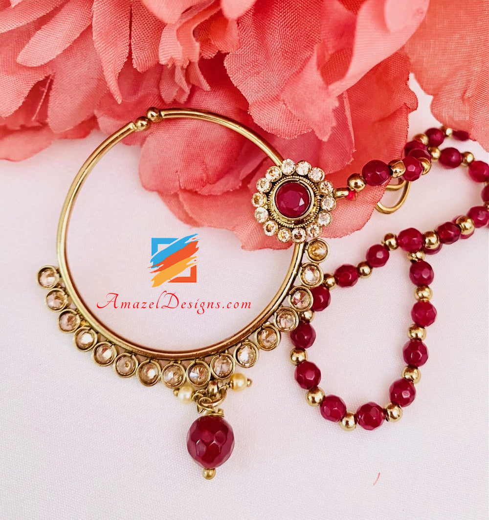 Polki Bridal Maroon Necklace Long Mala - Rani Haar Nath Head Piece - Matha Patti Hand Piece Jhumer