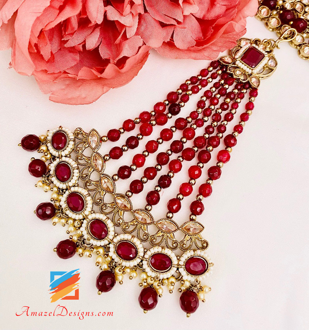 Polki Bridal Maroon Necklace Long Mala - Rani Haar Nath Head Piece - Matha Patti Hand Piece Jhumer