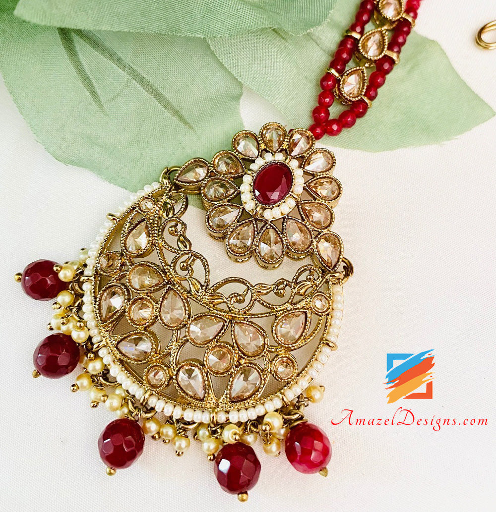Polki Bridal Maroon Necklace Long Mala - Rani Haar Nath Head Piece - Matha Patti Hand Piece Jhumer