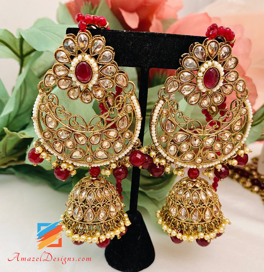 Polki Bridal Maroon Necklace Long Mala - Rani Haar Nath Head Piece - Matha Patti Hand Piece Jhumer