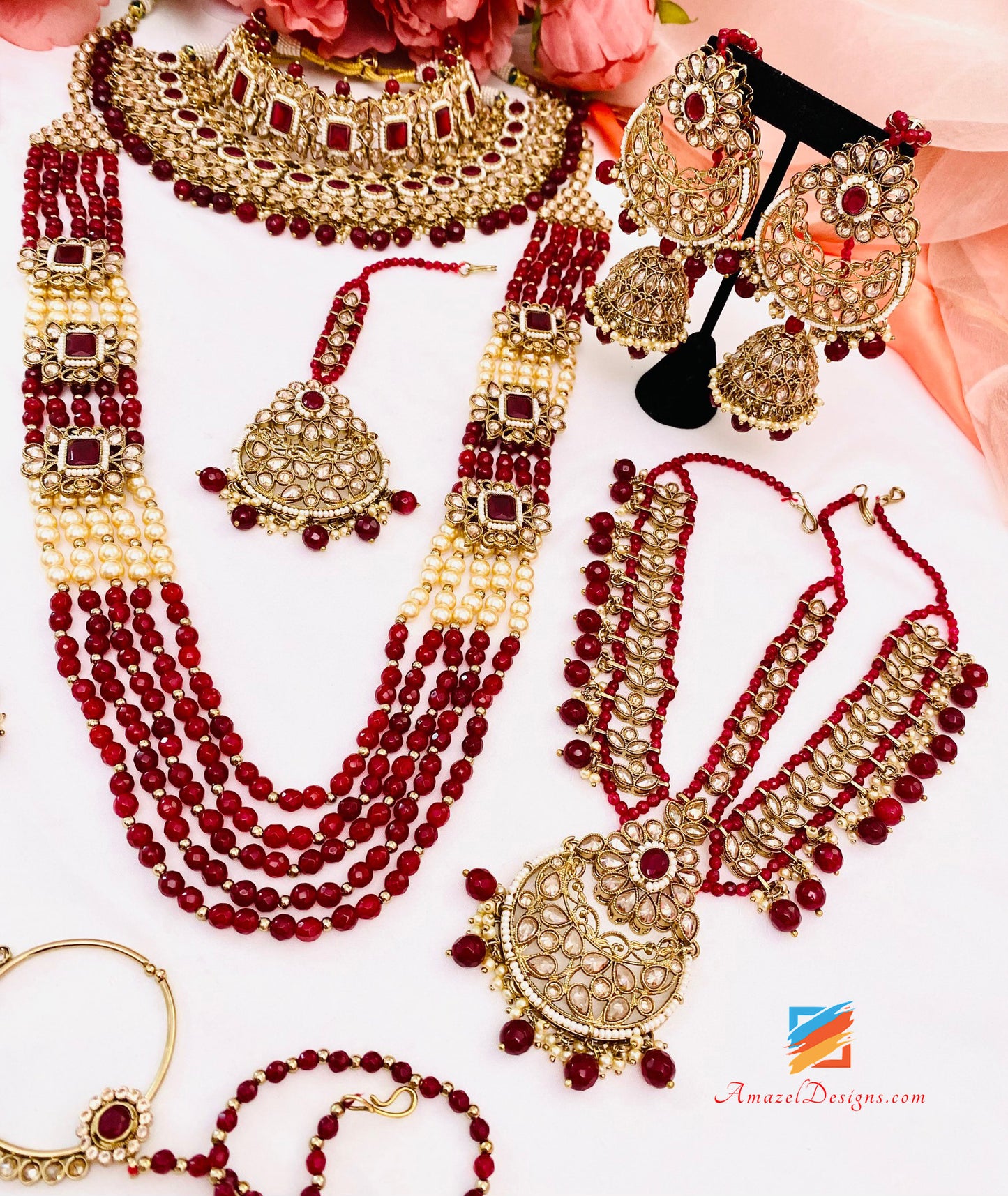 Polki Bridal Maroon Necklace Long Mala - Rani Haar Nath Head Piece - Matha Patti Hand Piece Jhumer