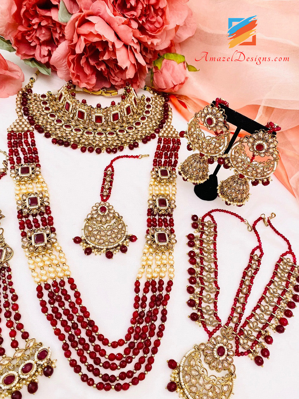 Polki Bridal Maroon Necklace Long Mala - Rani Haar Nath Head Piece - Matha Patti Hand Piece Jhumer
