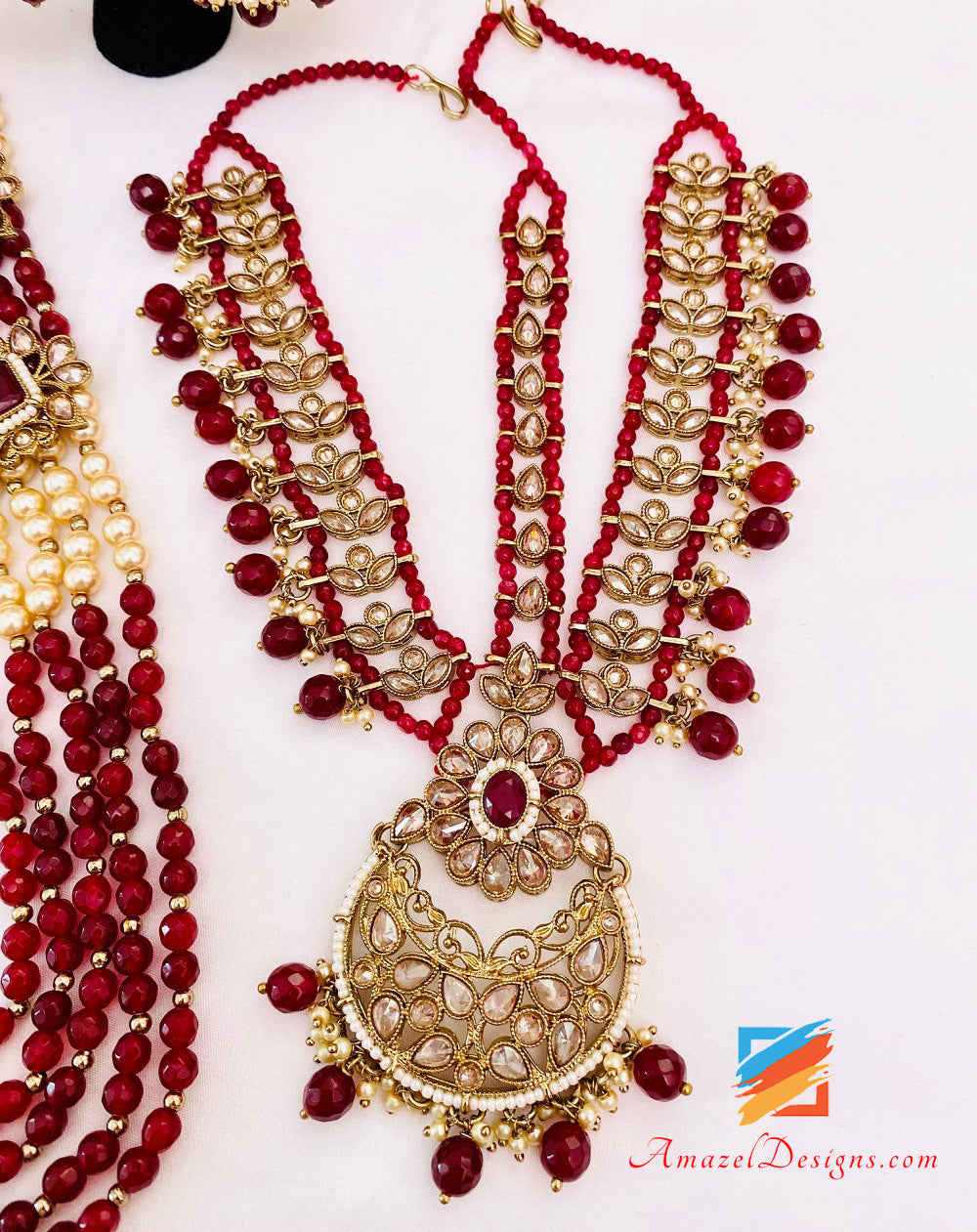Polki Bridal Maroon Necklace Long Mala - Rani Haar Nath Head Piece - Matha Patti Hand Piece Jhumer