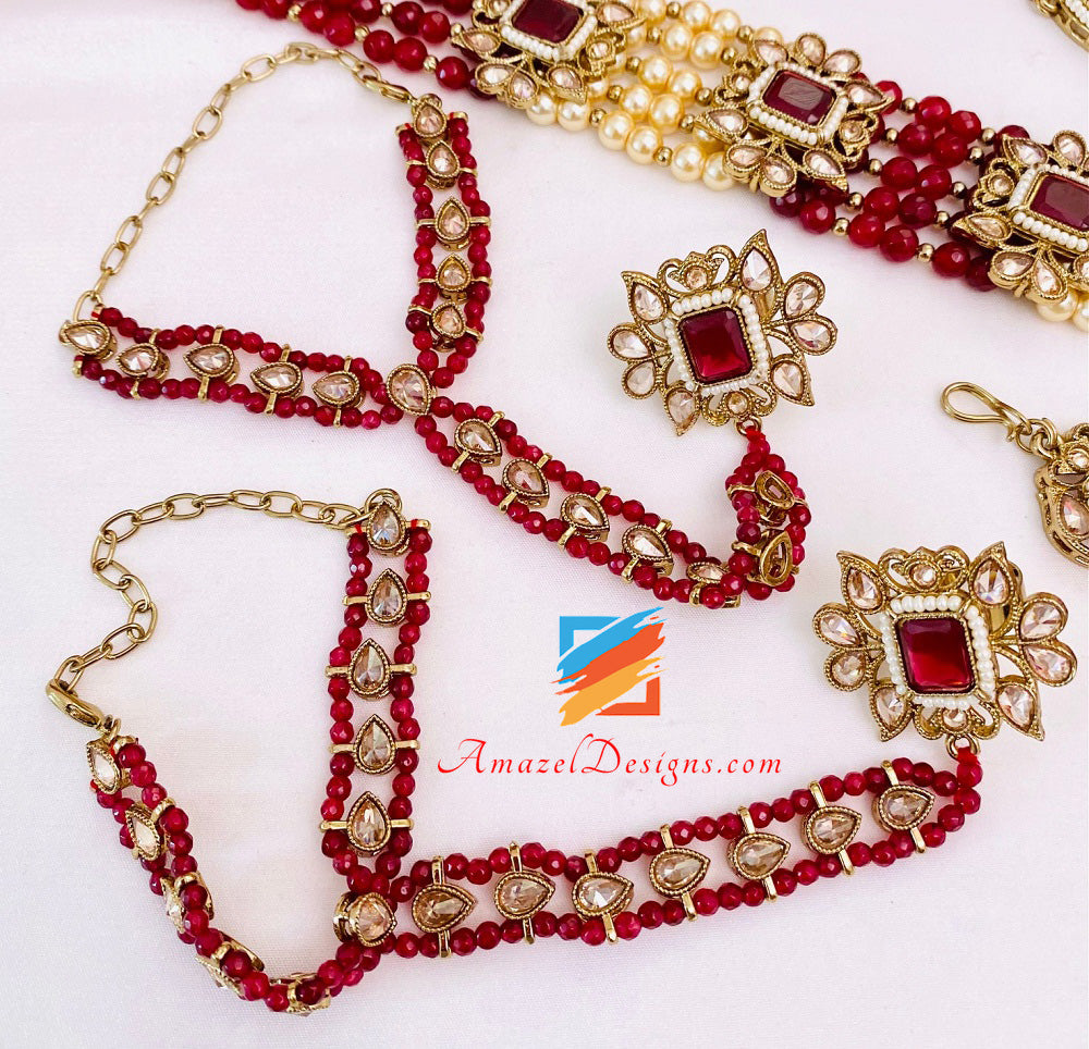 Polki Bridal Maroon Necklace Long Mala - Rani Haar Nath Head Piece - Matha Patti Hand Piece Jhumer