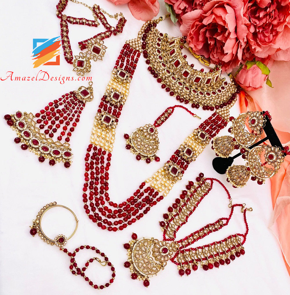 Polki Bridal Maroon Necklace Long Mala - Rani Haar Nath Head Piece - Matha Patti Hand Piece Jhumer