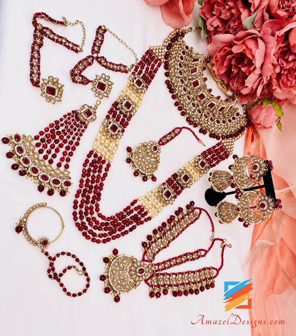Polki Bridal Maroon Necklace Long Mala - Rani Haar Nath Head Piece - Matha Patti Hand Piece Jhumer