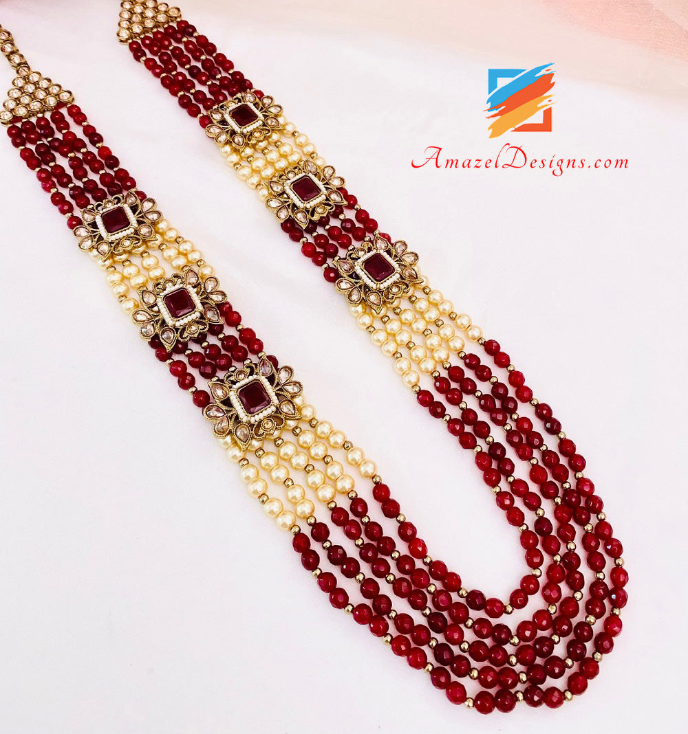 Polki Bridal Maroon Necklace Long Mala - Rani Haar Nath Head Piece - Matha Patti Hand Piece Jhumer