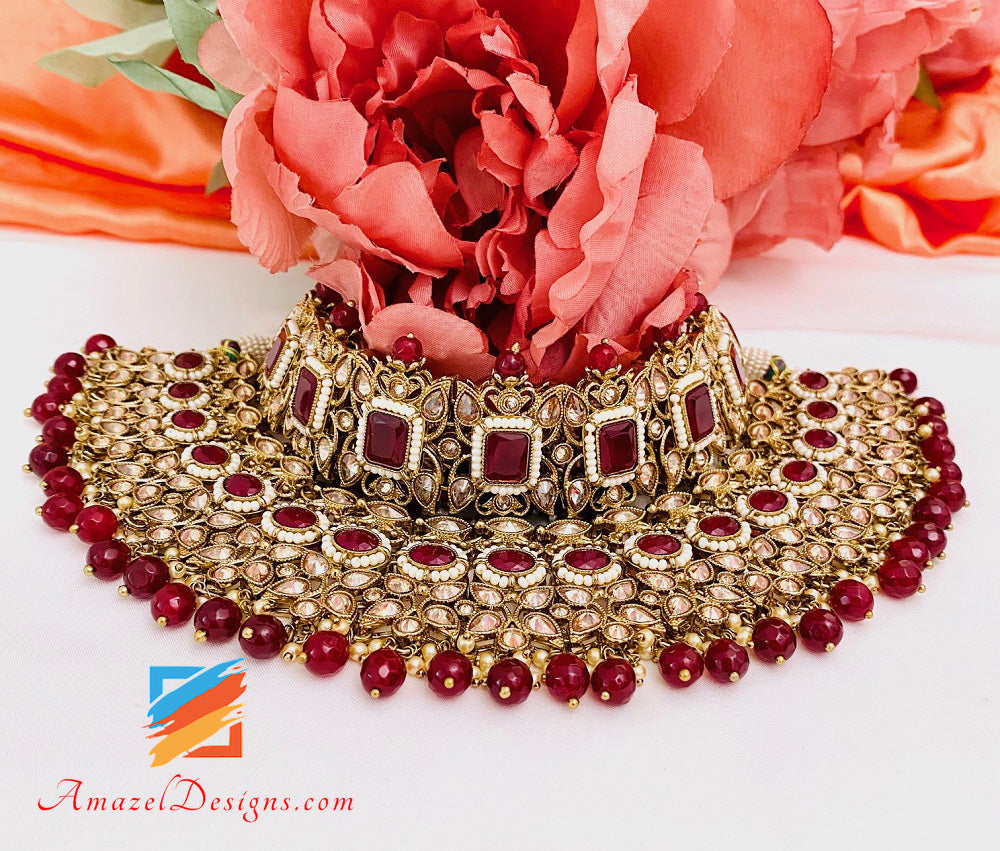 Polki Bridal Maroon Necklace Long Mala - Rani Haar Nath Head Piece - Matha Patti Hand Piece Jhumer