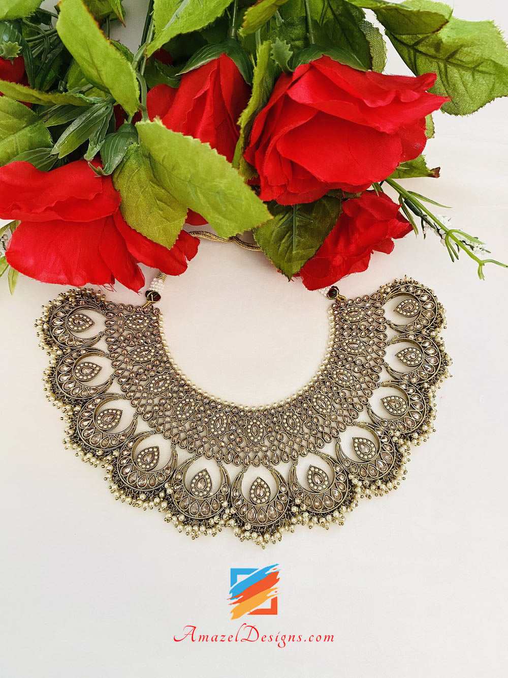 Collana Polki da sposa con orecchini girocollo Set Tikka Jhoomer e Nath