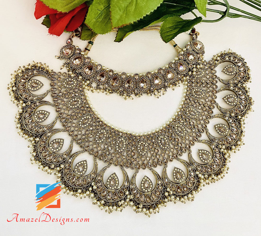 Collana Polki da sposa con orecchini girocollo Set Tikka Jhoomer e Nath