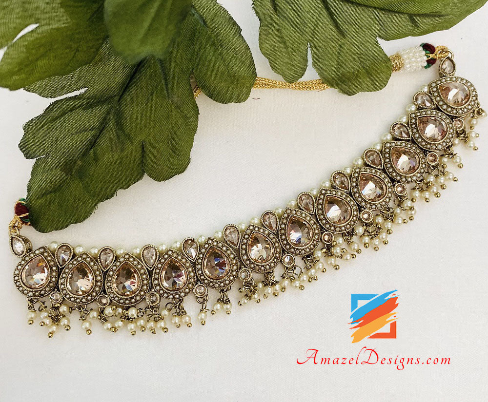 Collana Polki da sposa con orecchini girocollo Set Tikka Jhoomer e Nath