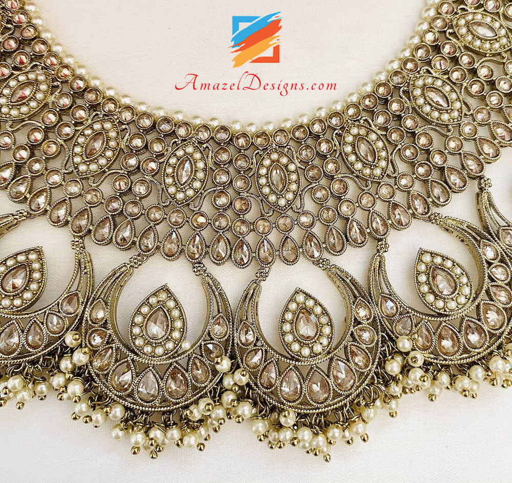 Collana Polki da sposa con orecchini girocollo Set Tikka Jhoomer e Nath