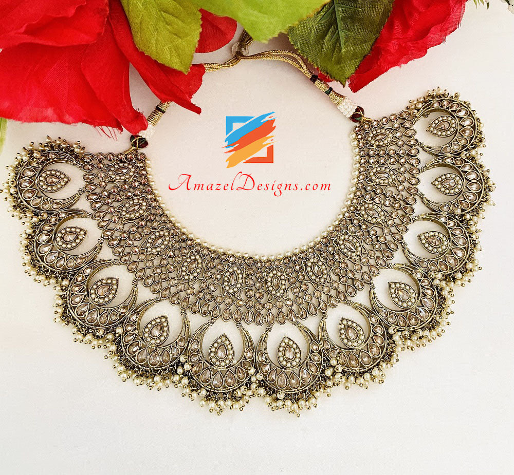 Collana Polki da sposa con orecchini girocollo Set Tikka Jhoomer e Nath