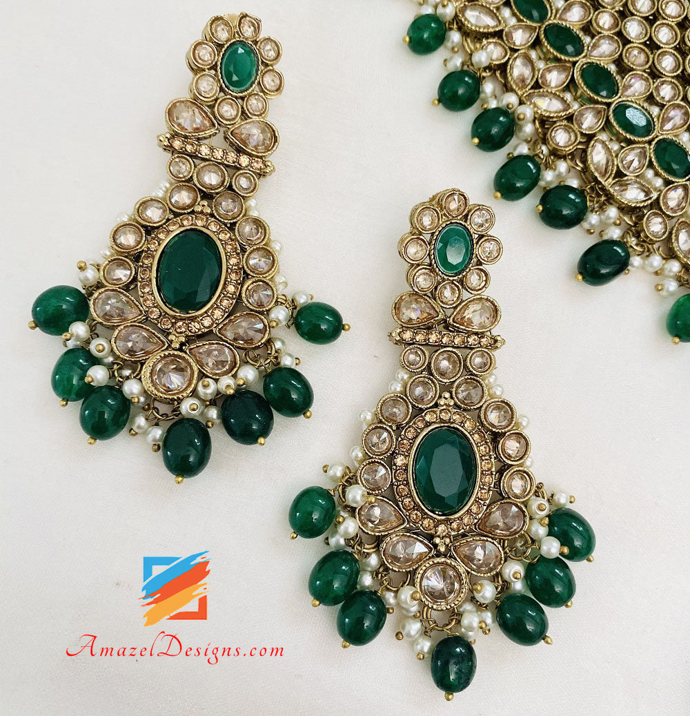 Bridal Polki Champagne Green Necklace Earrings Tikka Passa And Nath Set