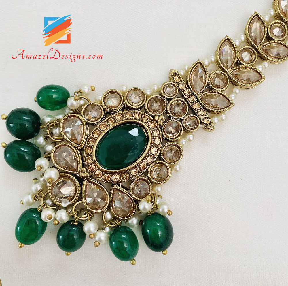 Bridal Polki Champagne Green Necklace Earrings Tikka Passa And Nath Set