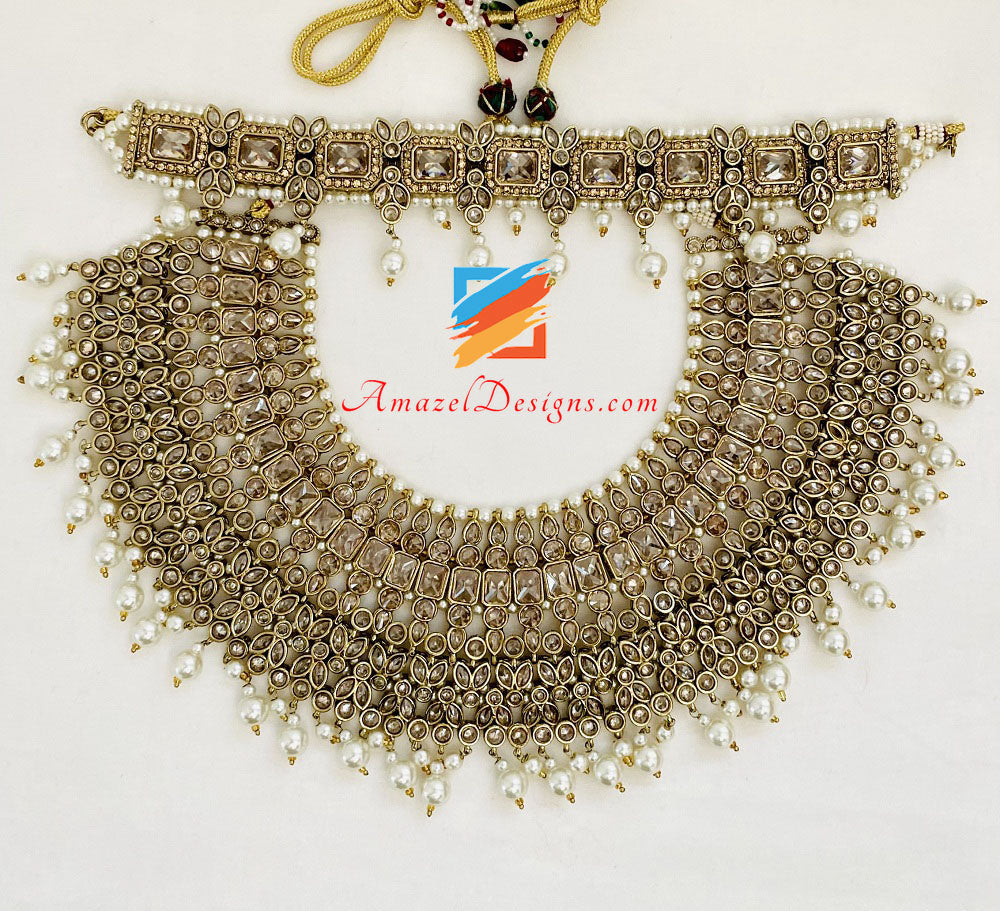 Collana da sposa Polki Champagne con orecchini girocollo Set Tikka Passa e Nath