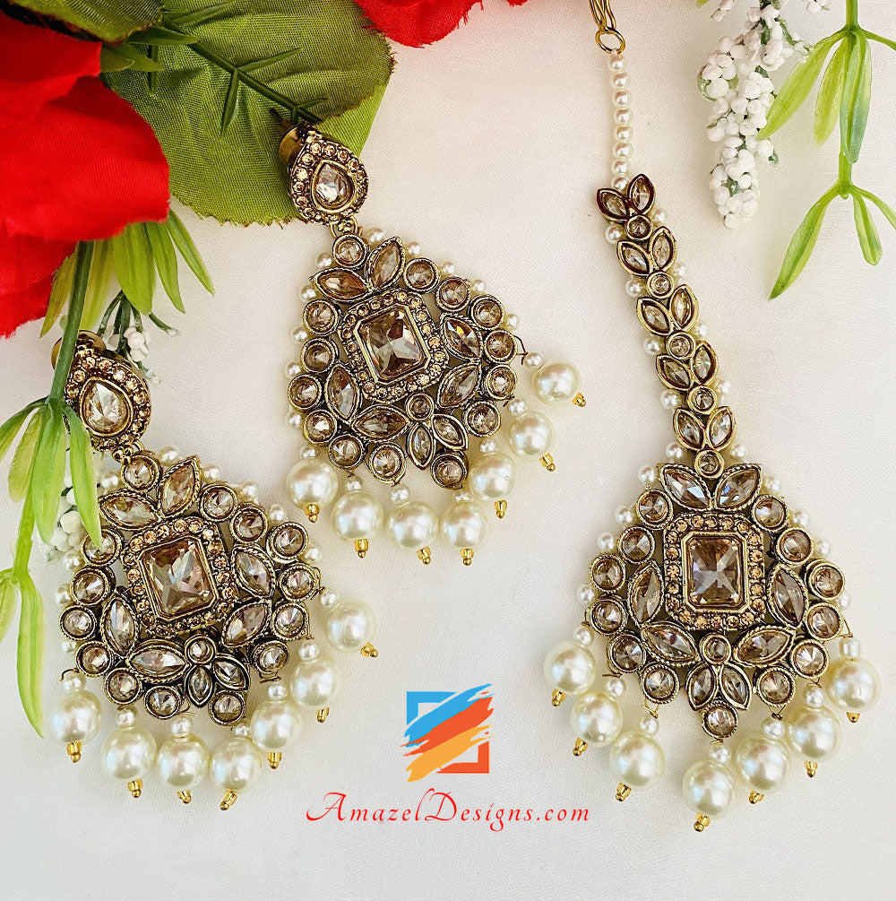 Collana da sposa Polki Champagne con orecchini girocollo Set Tikka Passa e Nath