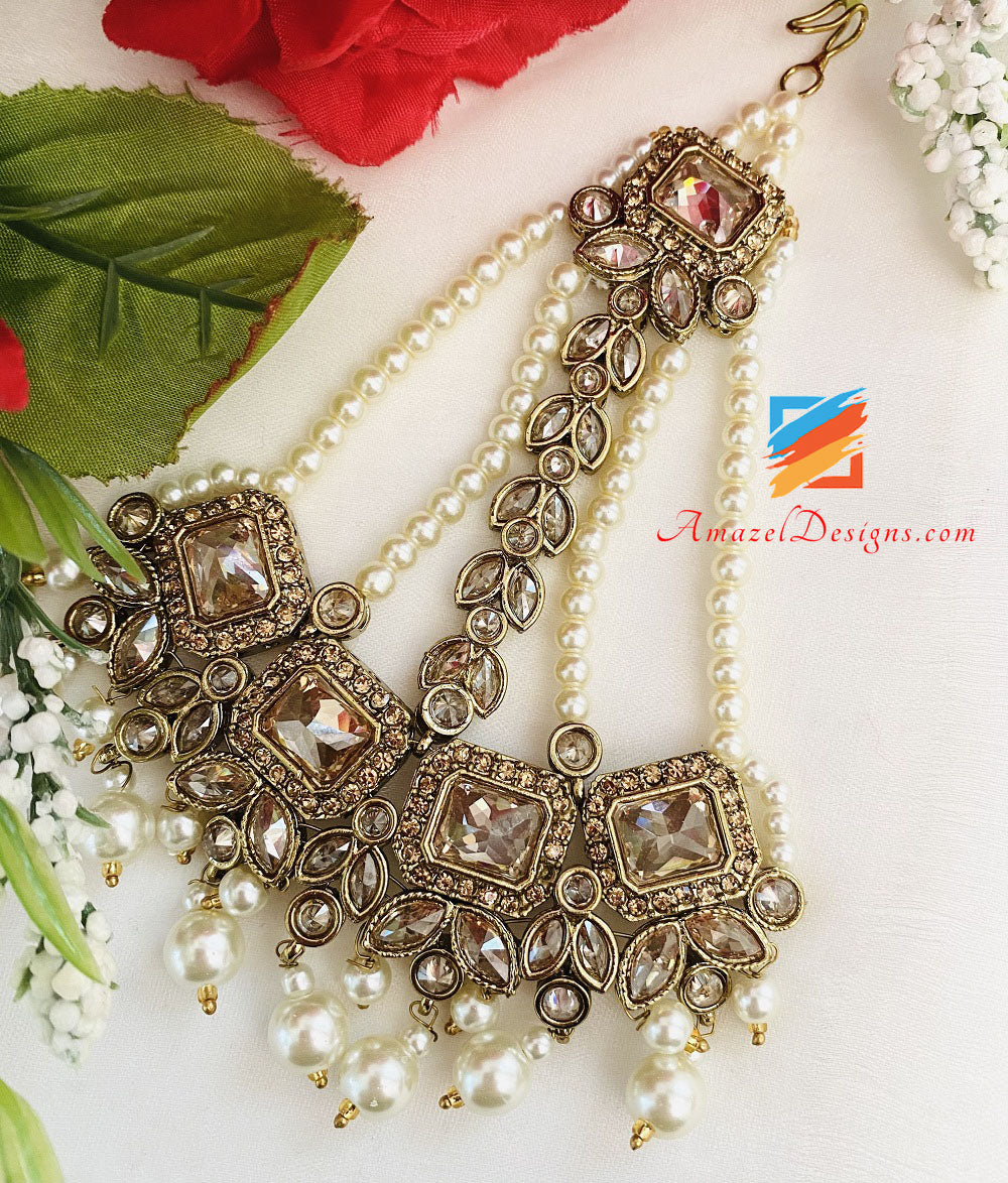 Collana da sposa Polki Champagne con orecchini girocollo Set Tikka Passa e Nath
