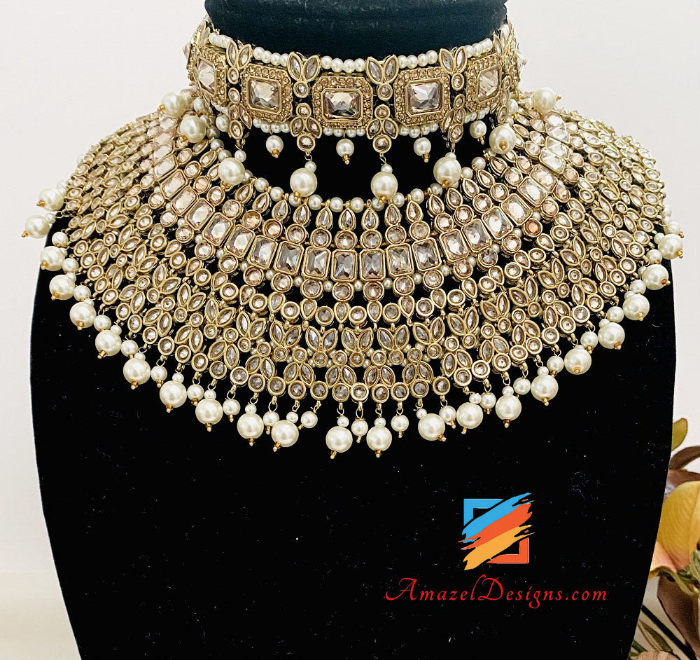 Collana da sposa Polki Champagne con orecchini girocollo Set Tikka Passa e Nath