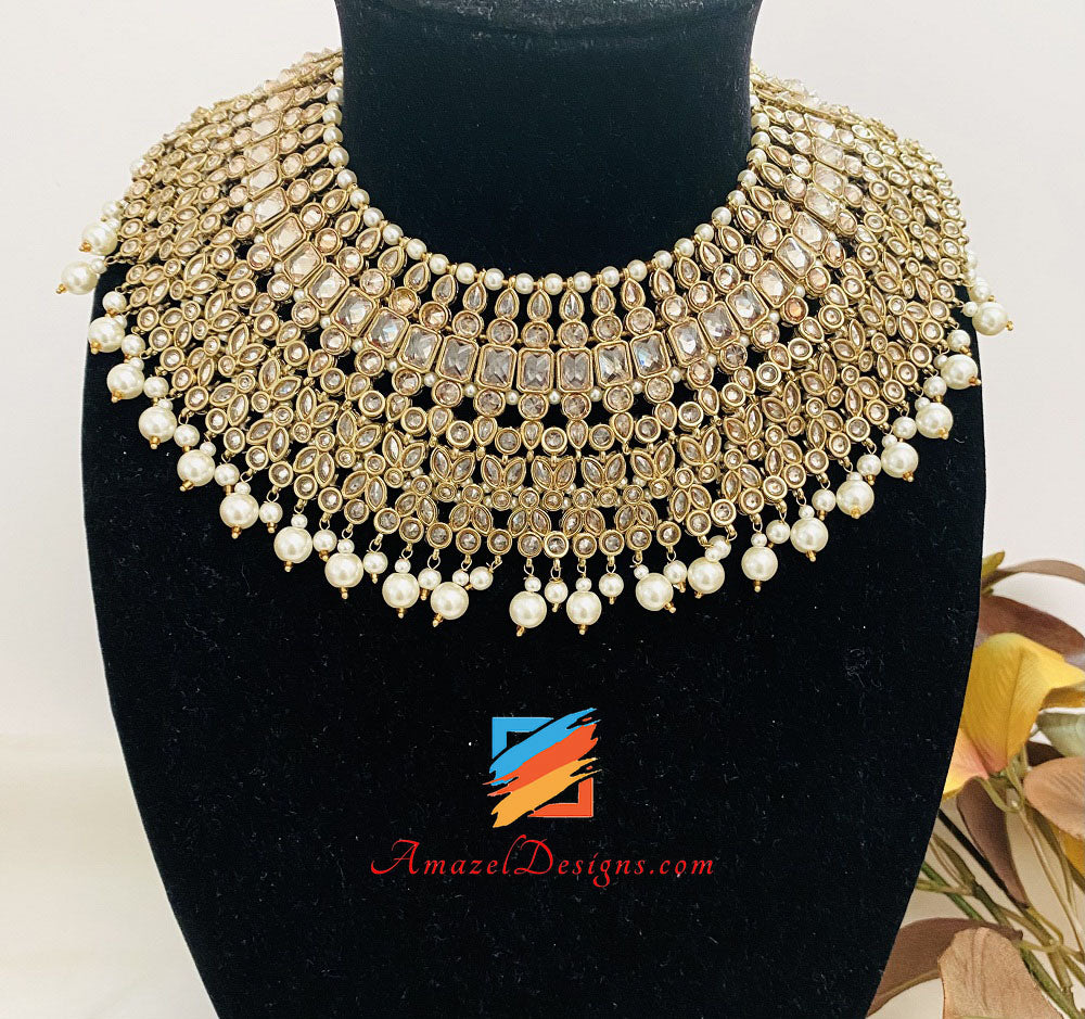 Collana da sposa Polki Champagne con orecchini girocollo Set Tikka Passa e Nath